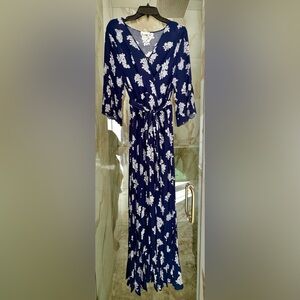 Floral navy and white maxi dress.